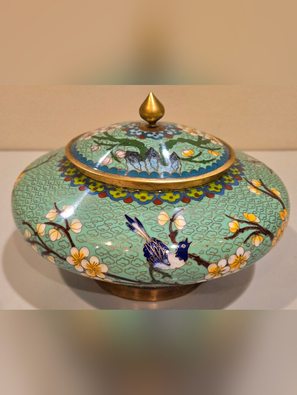 Mint Green Cloisonné Lidded Decorative Bowl with Floral and Bird Motif